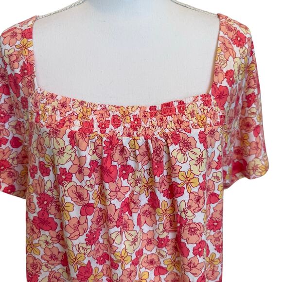 Lands End Top Women's Size XL 18 Floral Pink Lightweight Smocked Short Sleeve - Picture 2 of 10